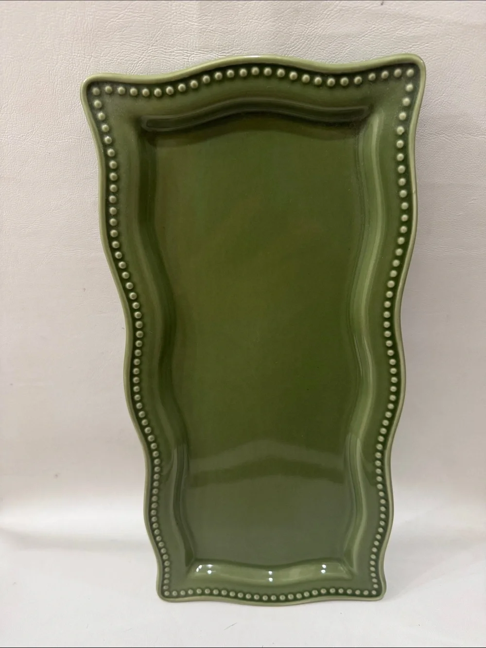 Princess House Pavillion Olive Green Ceramic Vanity Serving Tray Beaded Edge